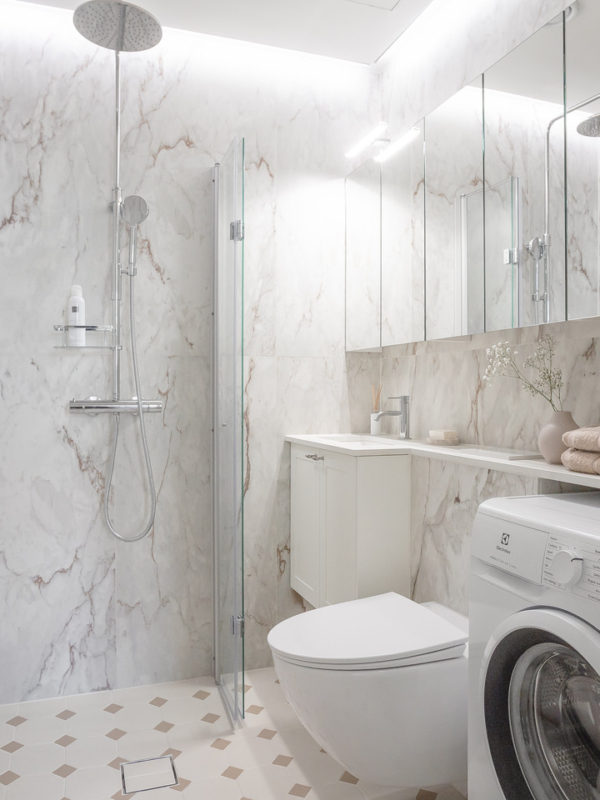 Yksion-remontti-toolo-kylpyhuone-Mariel-Interior-5 Kerrostaloyksiön remontoitu kylpyhuone Töölössä.