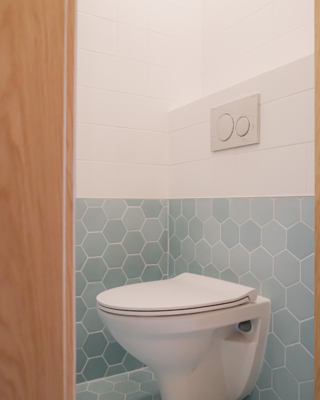 Kylpyhuoneen pieni WC jatkaa kylpyhuoneen tunnelmalla.