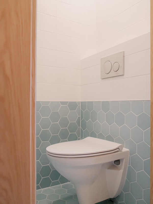 Kylpyhuoneen pieni WC jatkaa kylpyhuoneen tunnelmalla.